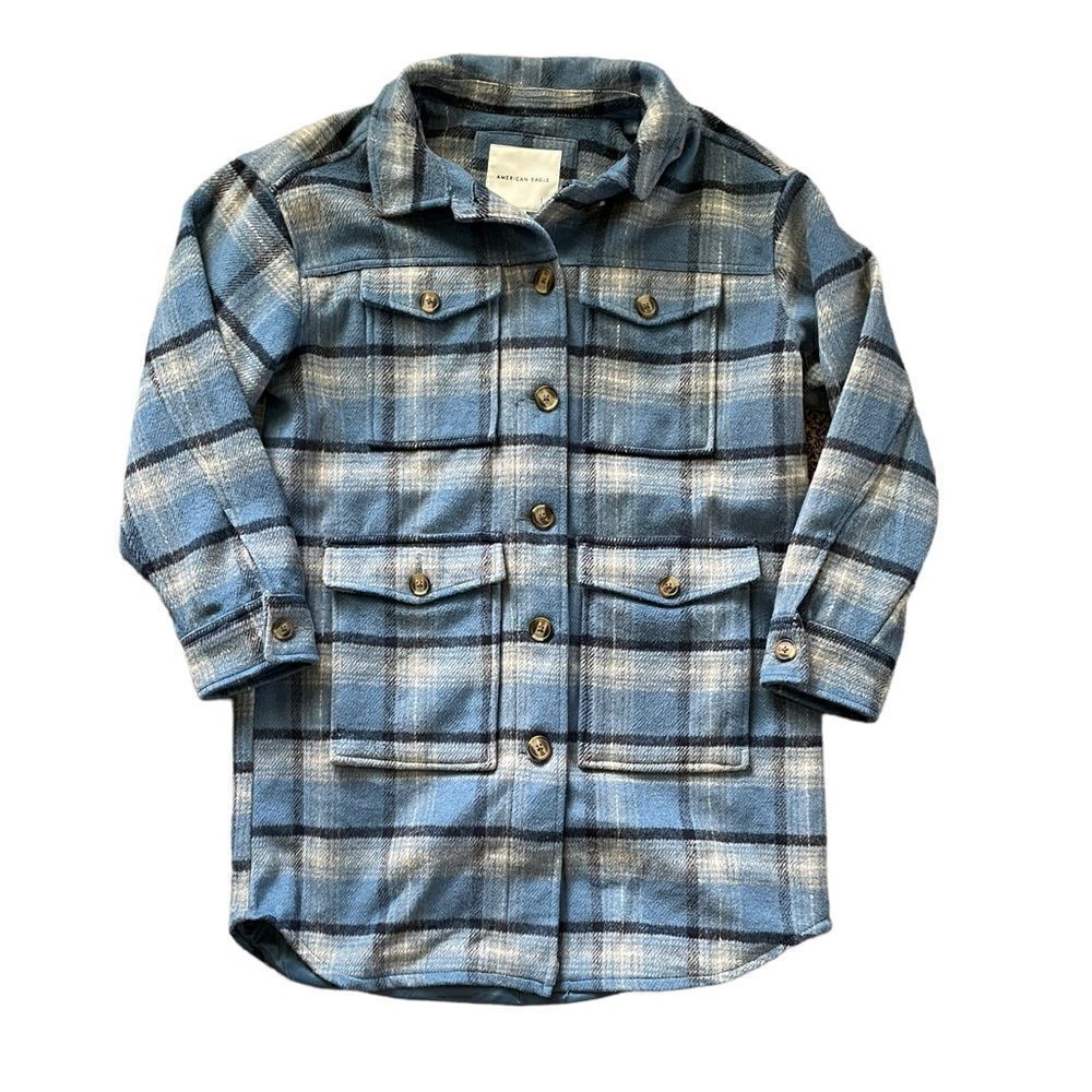 AMERICAN EAGLE Oversized Plaid Shacket Shirt Jacket Blue Tan Size XS